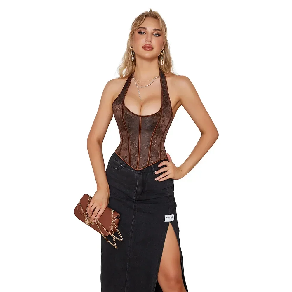 Brown Corset Top Crop Halter Women Overbust Bustier Lace-Up Bodice Sexy Lingerie Corselet Party Short Camis