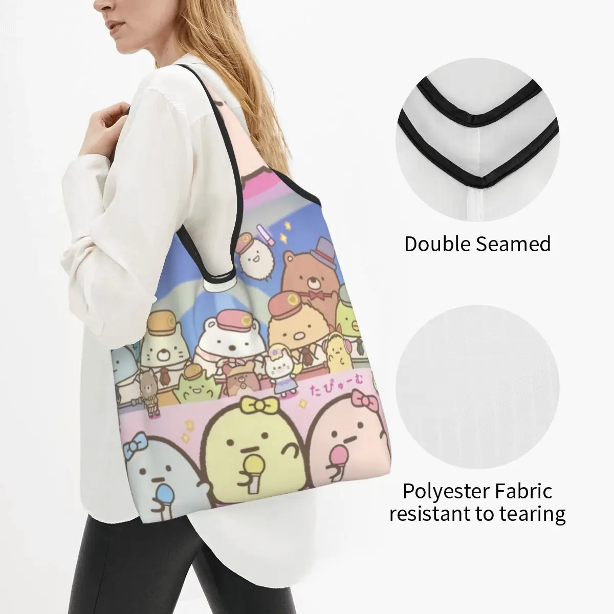 Custom Sumikko Gurashi Japanese Cartoon Grocery Tote Shopping Bags Funny Anime Game  Shoulder Shopper Bag Big Capacity Handbags