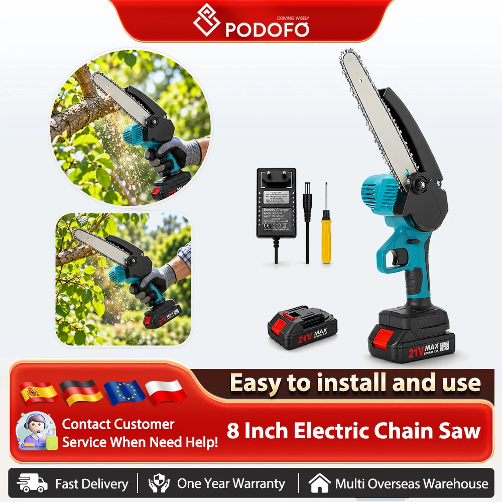 Podofo, mini motosega portatile senza fili da 8 pollici, strumento manuale per tagliare alberi e legno, piccola motosega per tagliare legno, per lavori di potatura e falegnameria.