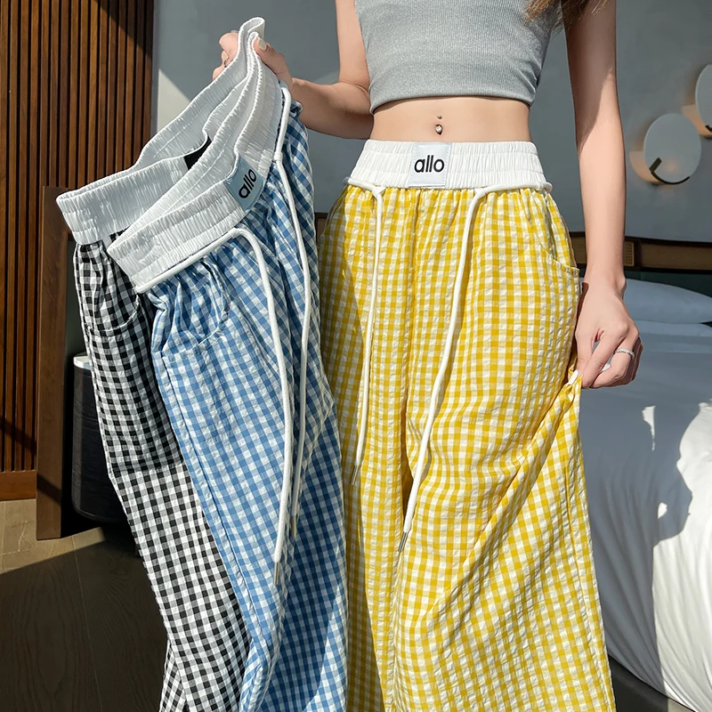 Pantaloni a quadretti da donna in seta ghiacciata, estate 2025, pantaloni larghi a vita alta attillati e pigre dal taglio dritto