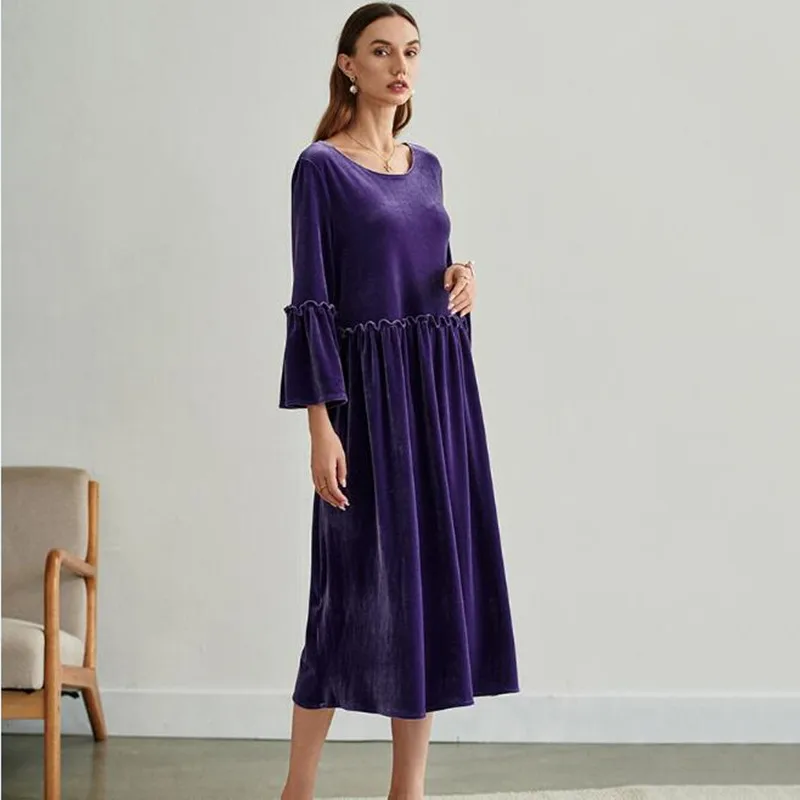 Ucrania mujeres Vintage plisado Vestido de terciopelo con volantes 2025 primavera otoño cuello redondo manga de mariposa Vestido de fiesta largo Vestido elegante