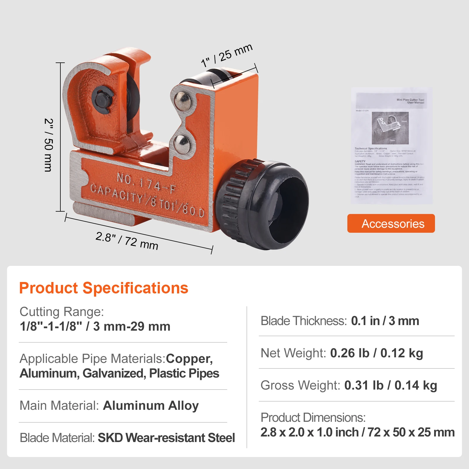 Mini tagliatubi, mini tagliatubi in rame, tagliatubi compatto per carichi pesanti con lama SKD ad alta velocità per rame, alluminio