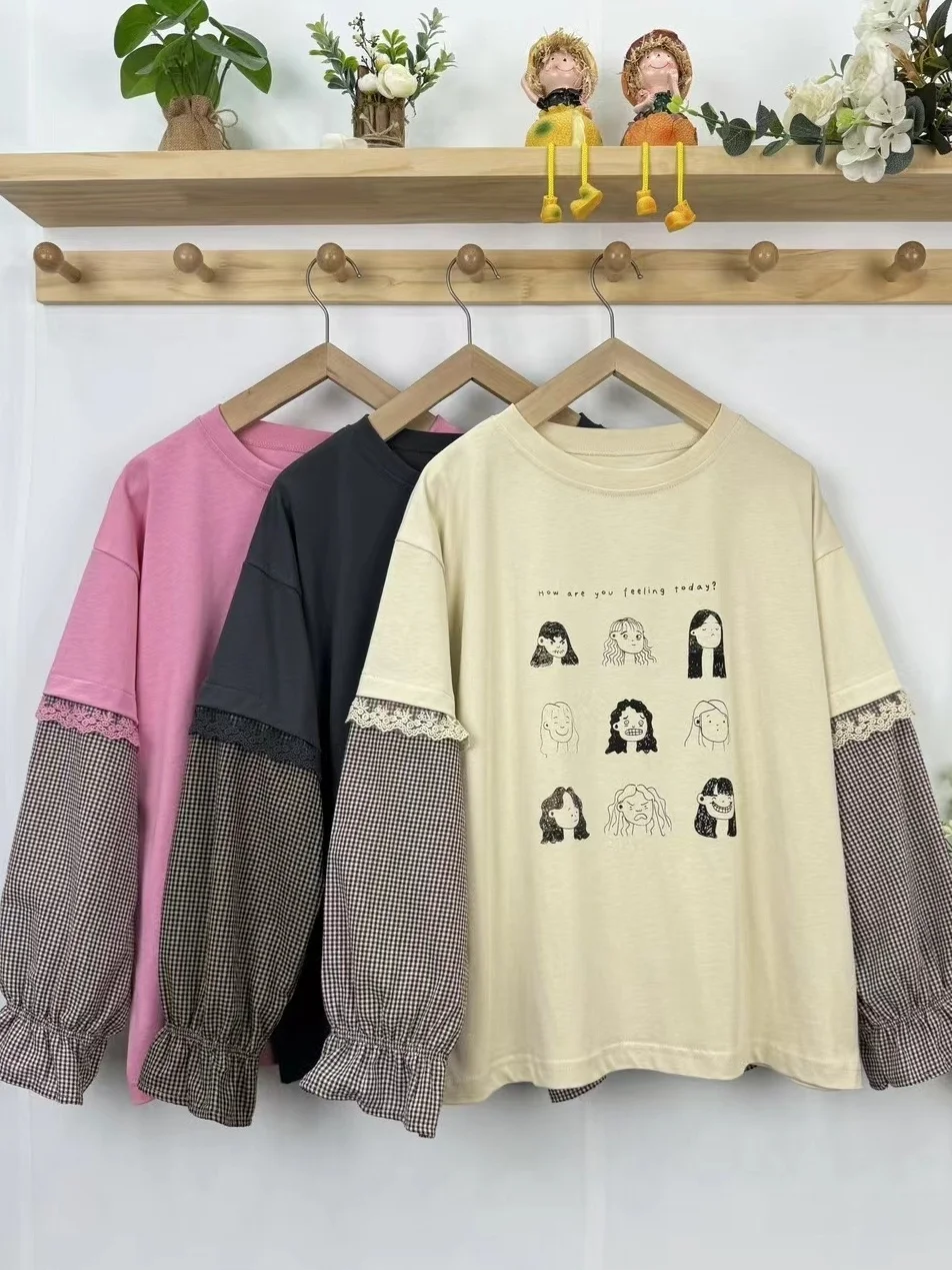 

Милая японская круглая футболка в клетку Ne Lace в стиле пэчворк, искусственная двухсекционная длинная футболка Све с мультяшным принтом головы, против старения