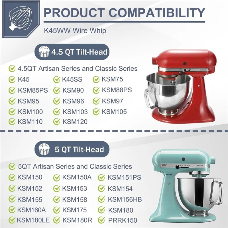 Accessorio per miscelatori Frusta per impastare con bordo flessibile K45WW Frusta a 6 fili per parti del mixer con supporto inclinabile Kitchenaid da 4,5-5 litri-CLIM