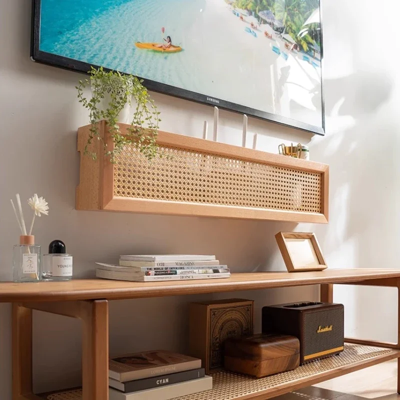 Woven Rattan Router Organizer Box Solid Wood Cable Management WiFi Modem and Power Strip Occlusion Living Room Storage Solution