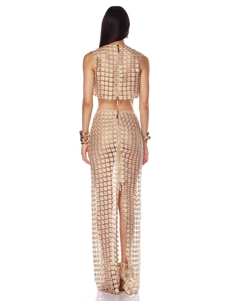 VC スタイリッシュなベージュのノースリーブ クロップド トップ & シアー スカート セット ジッパー付き フェスティバル & パーティー シックなドレス ガウン用