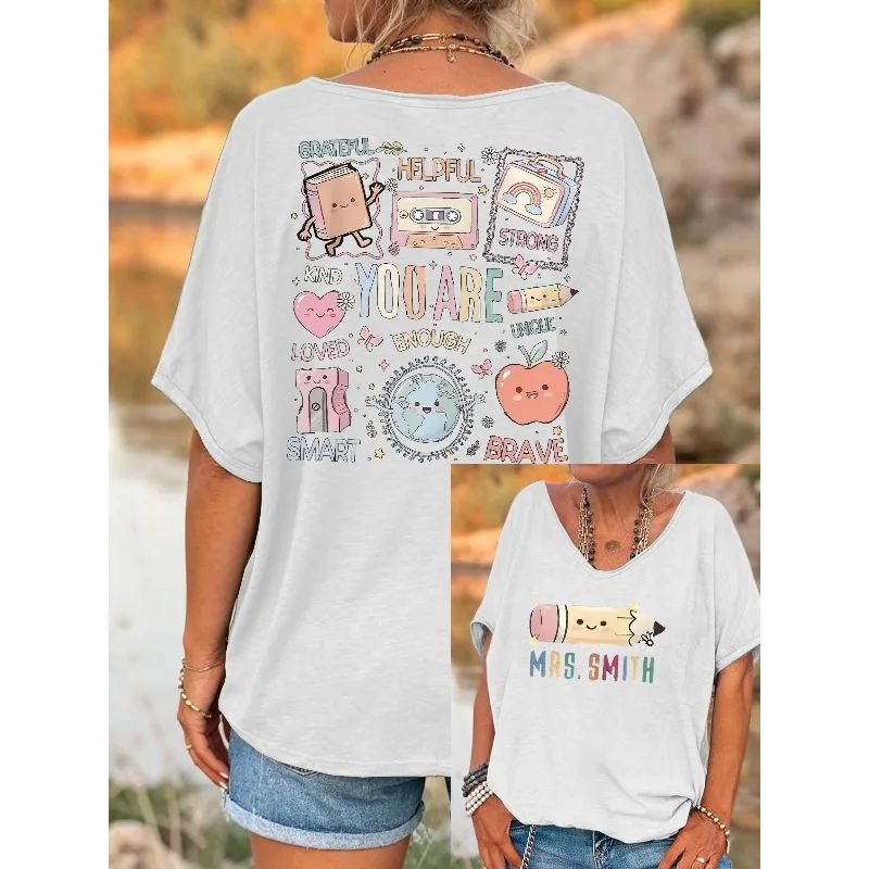 ilstile Women's Mental Health Print T-Shirts Summer Short Sleeve Casual Loose V Neck Tops Tees White New Arrival