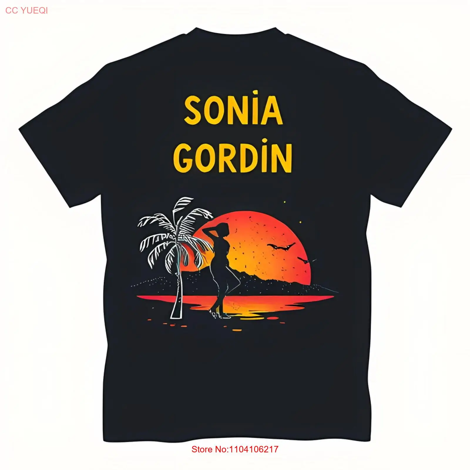 

Black T-Shirt with 'SONIA GORDIN' in Yellow & Sunset Design