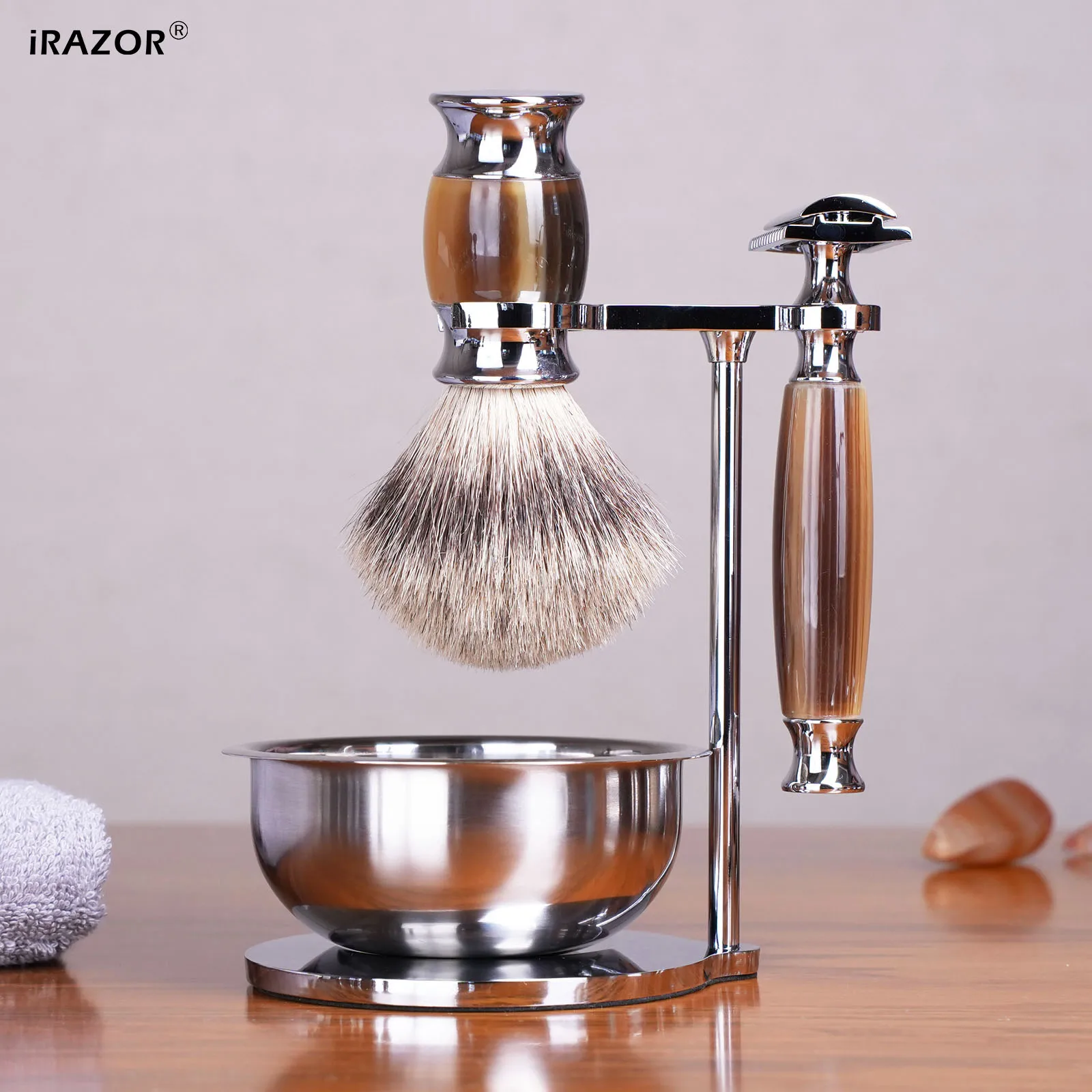 iRAZOR Luxury Mens DE Safety Razor Shaving Set Silvertip Brush Soap Bowl Classic Wet Shaving Kit Barbershop Grooming Tools