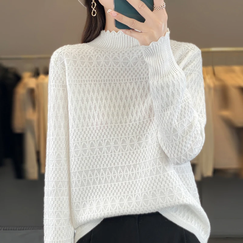 2024 Autumn/Winter New 100% Pure Wool Knitted Sweater Women's Half High Collar Jacquard Multi Color Boutique Top