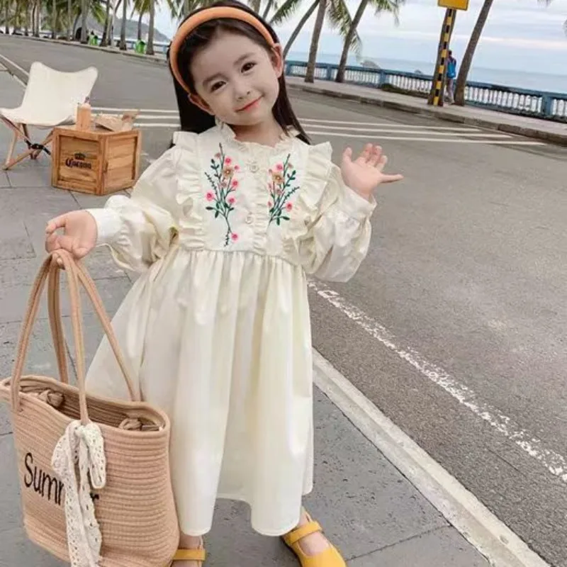 Children Dress 2023 Spring New Girls Vintage Flowers Embroidered Skirt Children Agaric Edge Dress Knee-Length Girl Dress