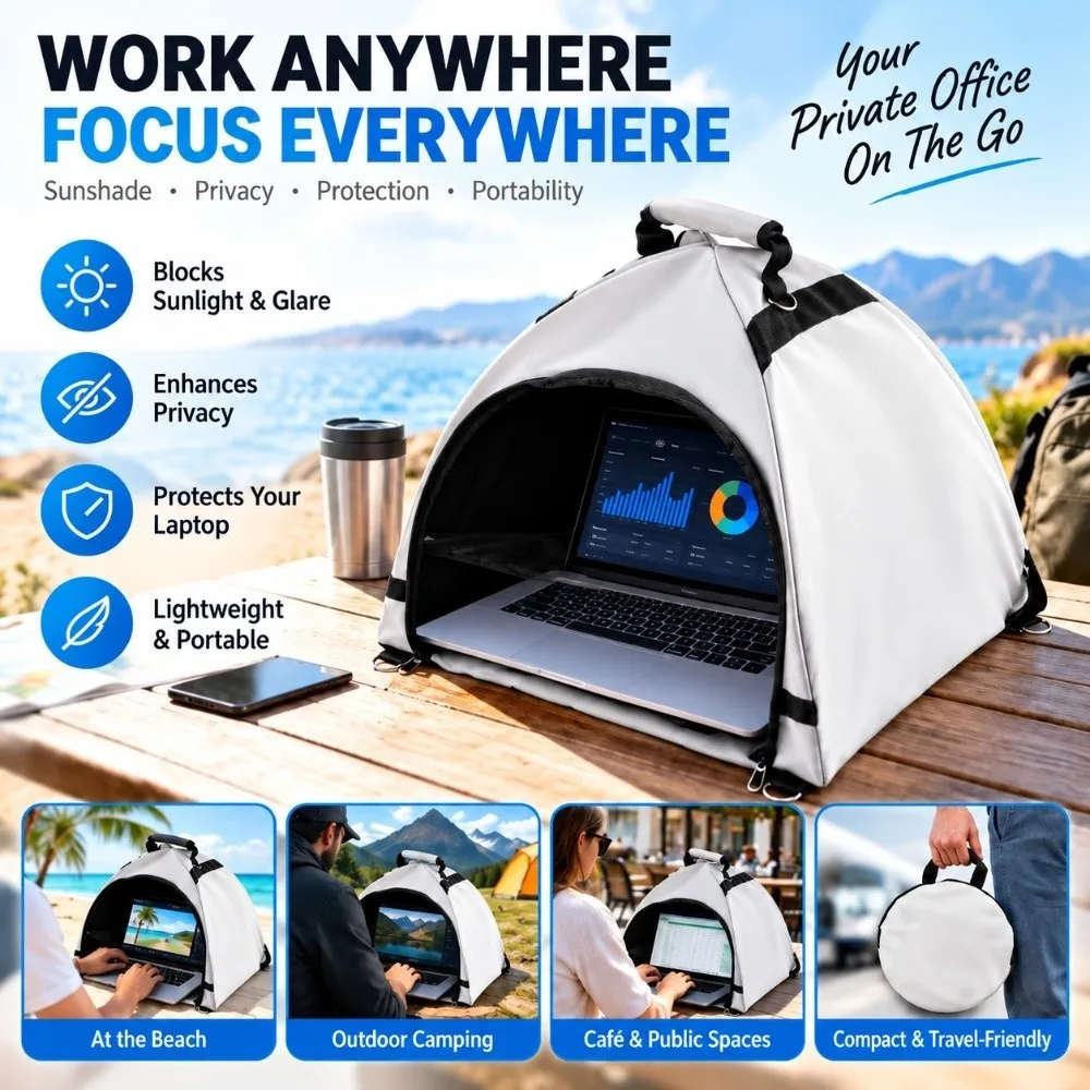 Anti-Glare Laptop Sun Shade Privacy Shield Anti-Slip Privacy Work Tent Portable Power Cable Access Screen Hood Outdoor Work