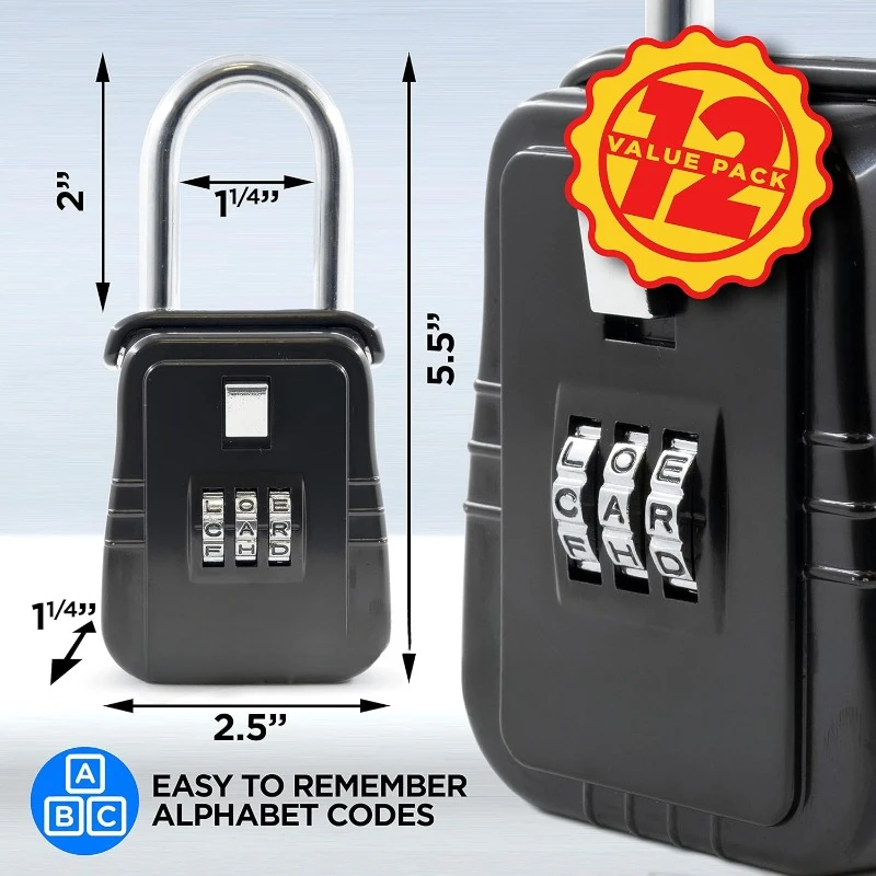 12-Pack Alpha Key Lock Box with Code , Short Term Rental Key Safe Lock Box, Holds 5 Keys, Black