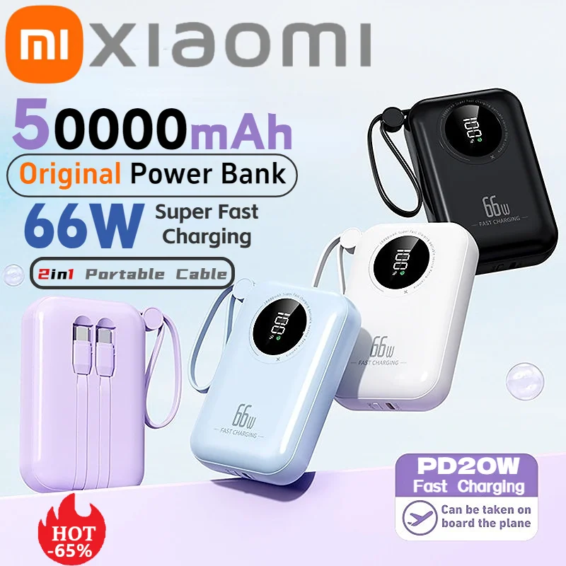 

Xiaomi 50000mAh Large Capacity Power Bank 66W Fast Charging Powerbank Portable Battery Charger With Cable For iPhone Samsung New