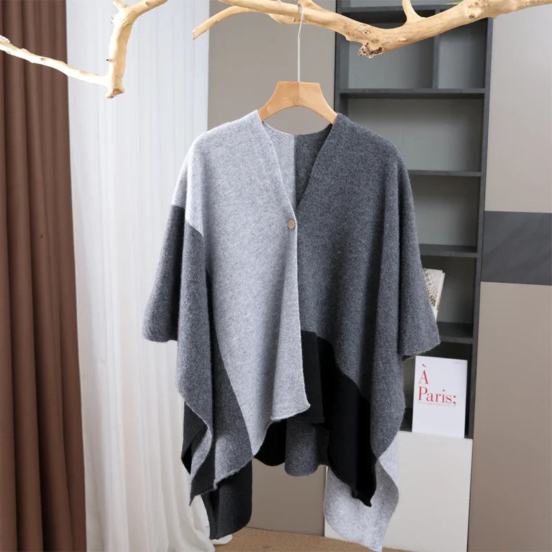 

Женское пончо из 100% шерсти с открытой передней частью, мягкая трикотажная одежда с цветными блоками, повседневная модная верхняя одежда на пуговицах, дизайн для пешего туризма и банкета