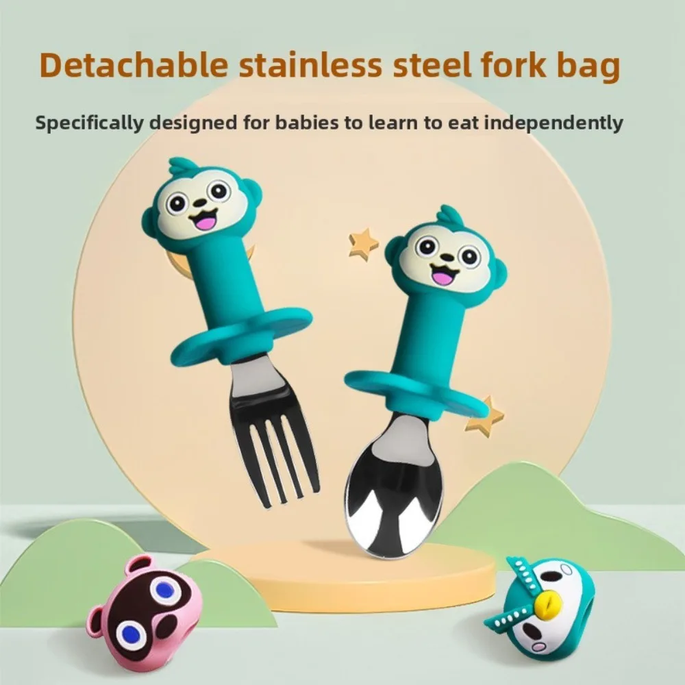 

Silicone Children's Cartoon Removable Silicone 316 Stainless Steel Cartoon Fork and Spoon Anti-drop Durable Silicone Learning