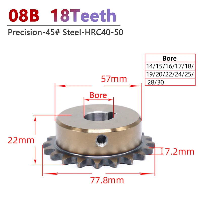 

1pc 18 Teeth 08B Precision Industrial Drive Sprocket Wheel 45# Steel 08B 428 Chain Gear Keyway Bore 14-35mm 18T Pitch 12.7mm