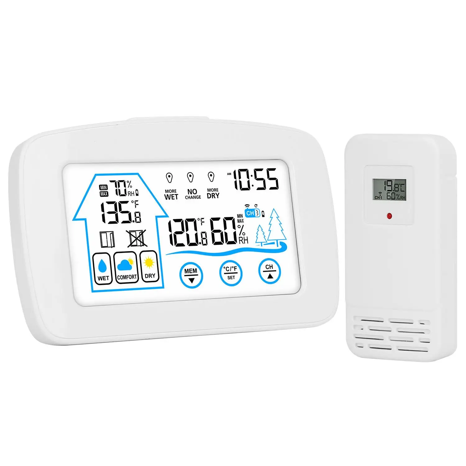 

Wireless Weather Station With Clock 196FT Range Indoor Outdoor Thermometer Sensor Temperature and Humidity Monitor Humidity Fore
