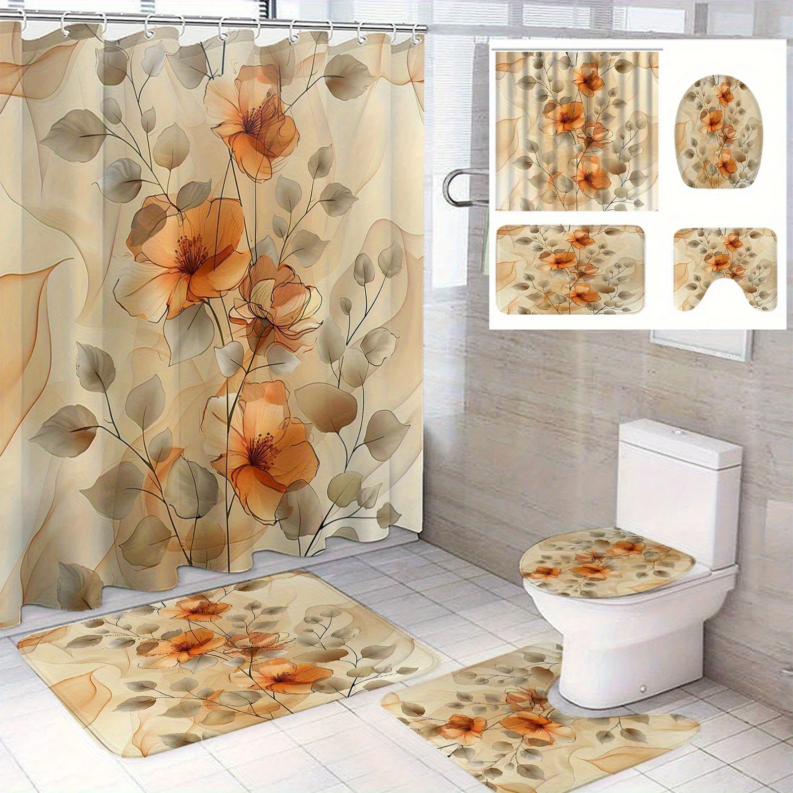 

Набор для ванной комнаты из 4 предметов оранжевого цветочного бежевого фонового принта, нескользящий коврик, U-образный коврик, коврик для сиденья унитаза, занавеска для душа