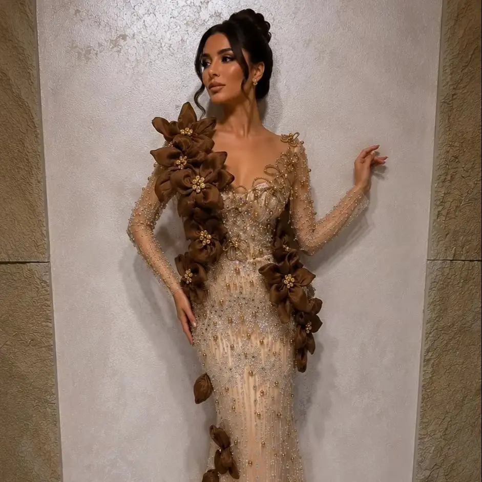 

Brown Arabic Pearls Floral Elegant Evening Dress Customized Long Sleeve Deep V Neck Wedding Guest Dress Women's Prom Party Gowns