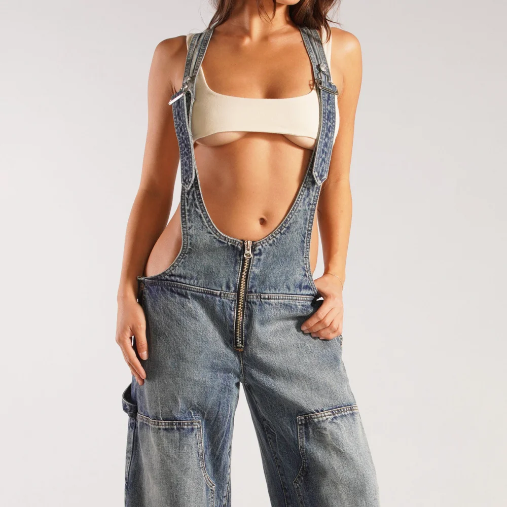 

Street jeans overalls Low Waisted Shoulder Strap Jumpsuit Wide Leg Jeans Summer New Spicy Girl Made Old Straight Leg Pants