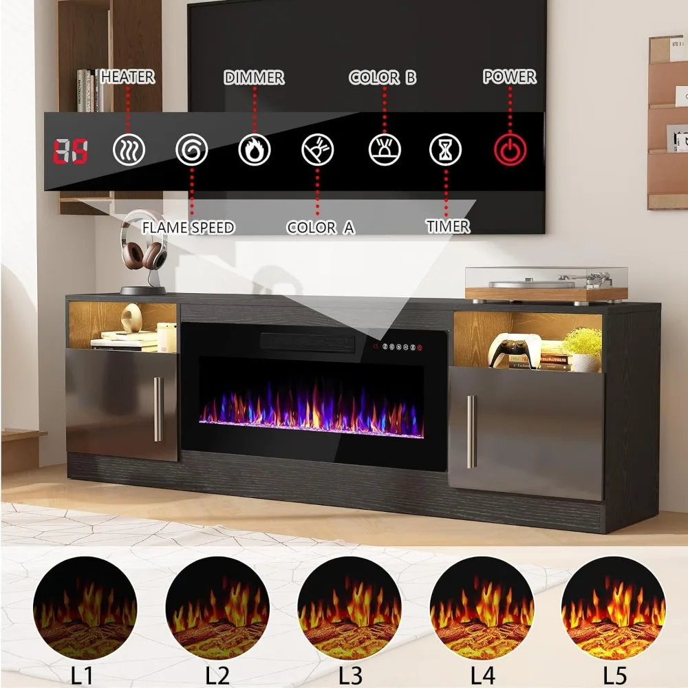 مركز ترفيه بإضاءة LED لأجهزة التلفاز حتى 80 مع جهاز تحكم عن بعد وميزة الموقد، ووحدة تحكم وسائط تلفزيون كبيرة #3