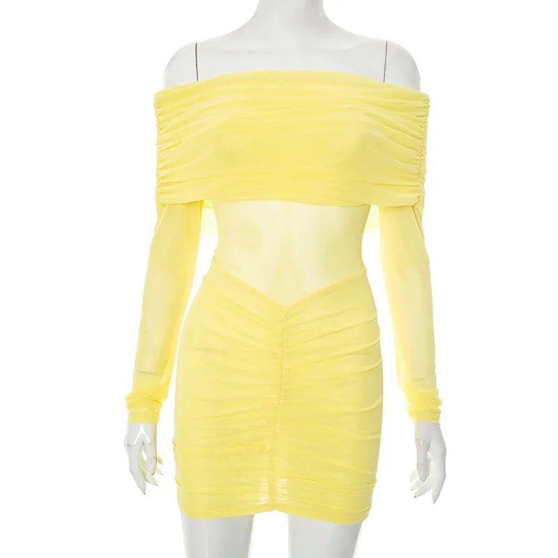 Ruched ดูผ่านตาข่าย Bodycon มินิชุดผู้หญิงเซ็กซี่ Slash คอปิดไหล่แขนยาว Slim วันเกิด Party Clubwear