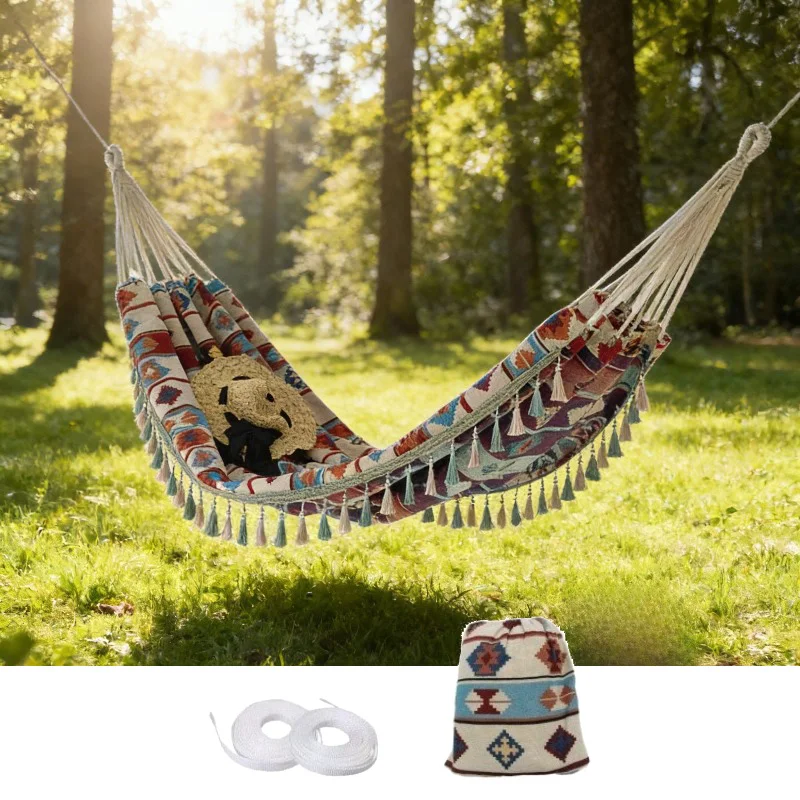 

Retro Jacquard Outdoor Double Hammock with Fringes, Double-layer Bohemian Woven Hammock with Fringes, Portable Hanging Hammock