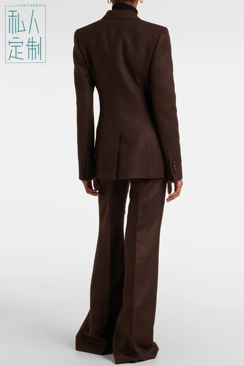 Allingentle Brown Woolen Pant Suit Women's 2 Piece Bell-Bottom PantSuit Set Business Party  Office Work Outfits Customize