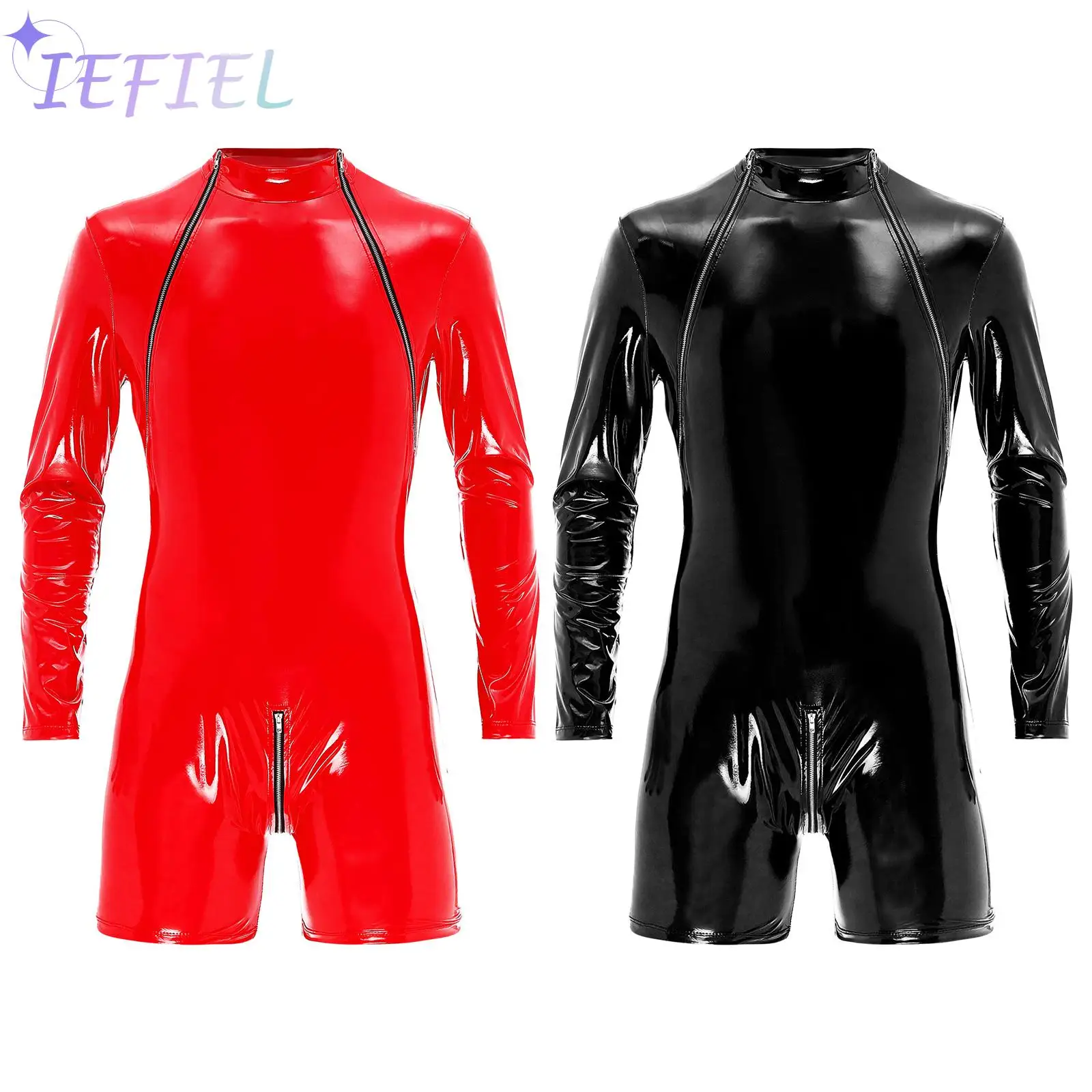 Men's Latex PVC Leather Slim Fit Jumpsuits Long Sleeve Zipper Leotard Bodysuit Catsuit Clubwear Club Dance Performance Costume