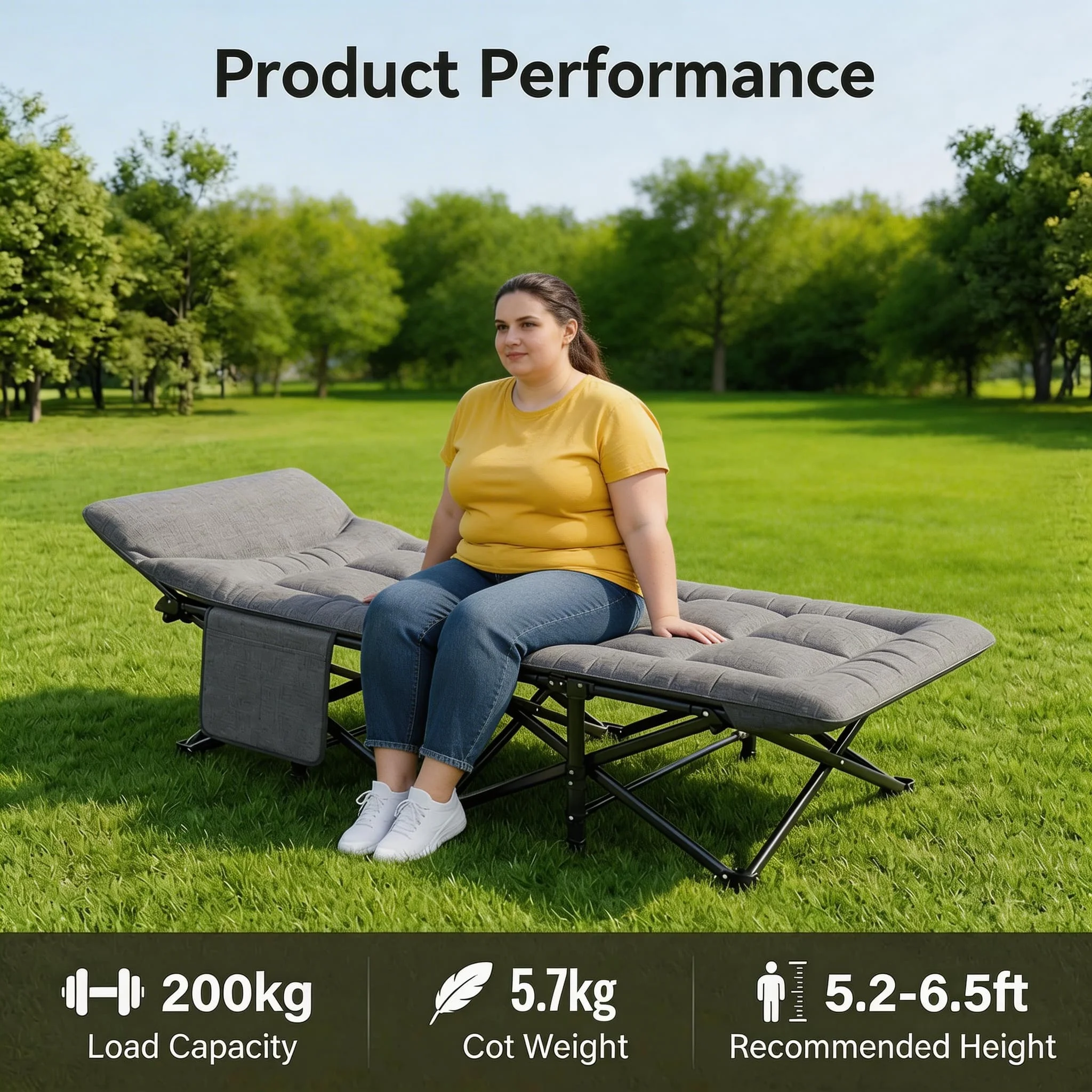 Cama de Camping Plegable Portátil Extra Grande para Exteriores, con Posición Ajustable, con Almohada, Estructura Resistente y Robusta