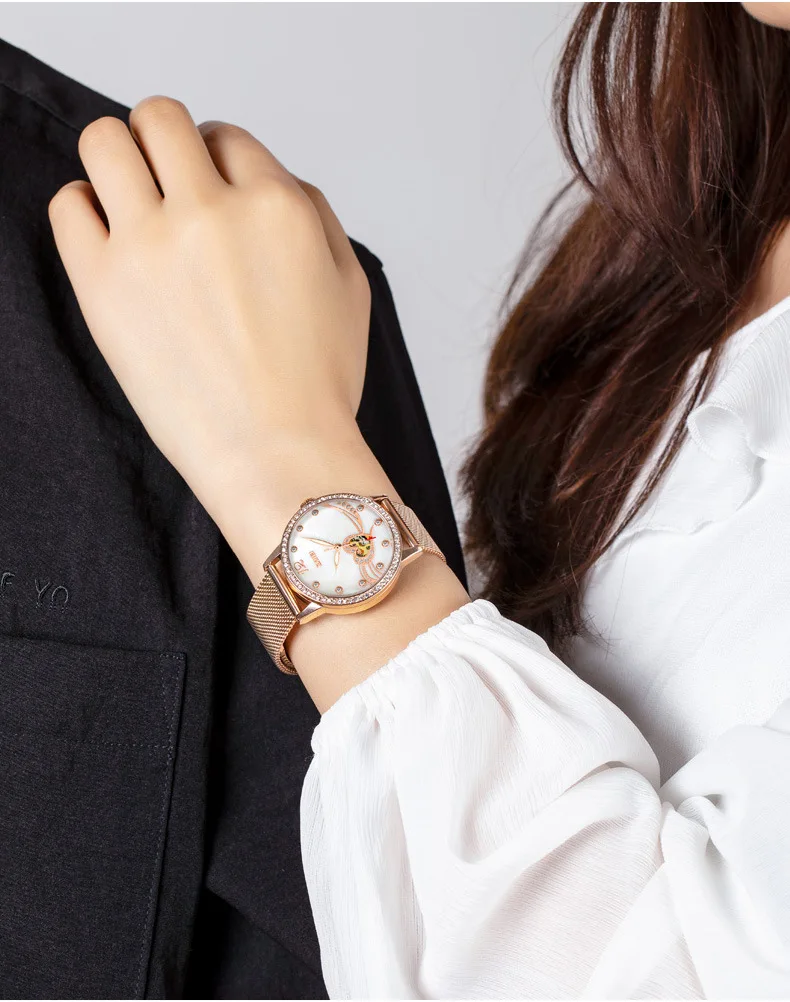 Luminous Skeleton Watch with Rhinestones, Elegant Heart Design, Self-Winding Mechanical Movement Women's Wristwatch