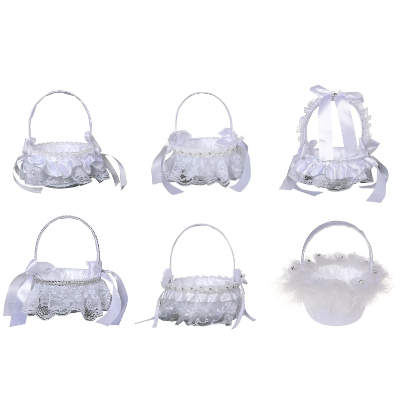 Flower Girl Basket White Small Baskets with Lace for Wedding Ceremony