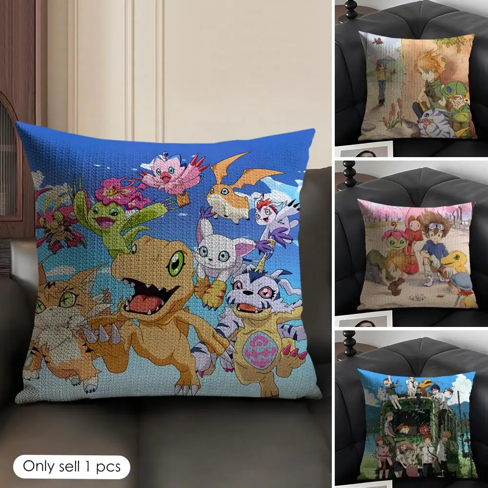 Anime D-Digimon A-Adventure Cushion Cover Natural Linen Organic Fabric Double-Sided Printing Sofa Home Decor Gift Pillow Case