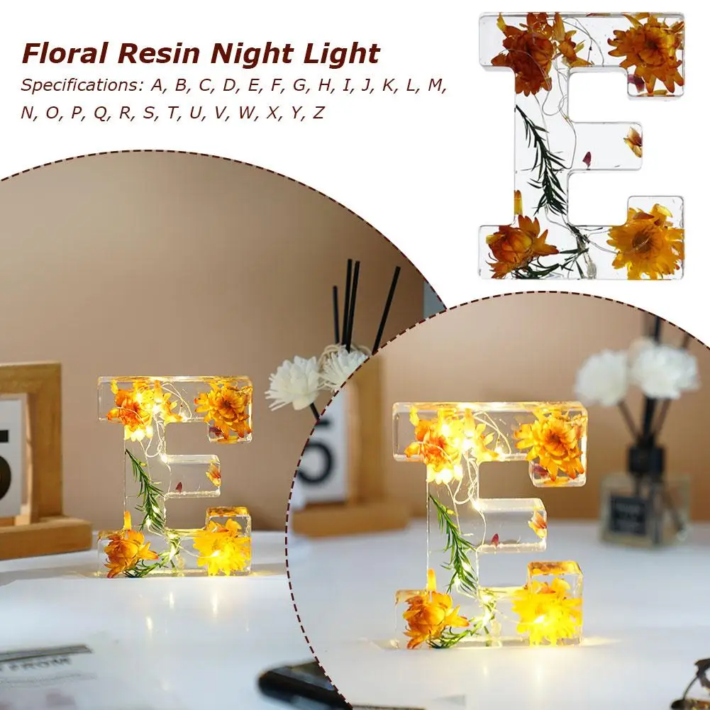 Lámpara de resina decorativa con letra inicial y flor seca, luz de mesa creativa, adornos brillantes, letras nocturnas
