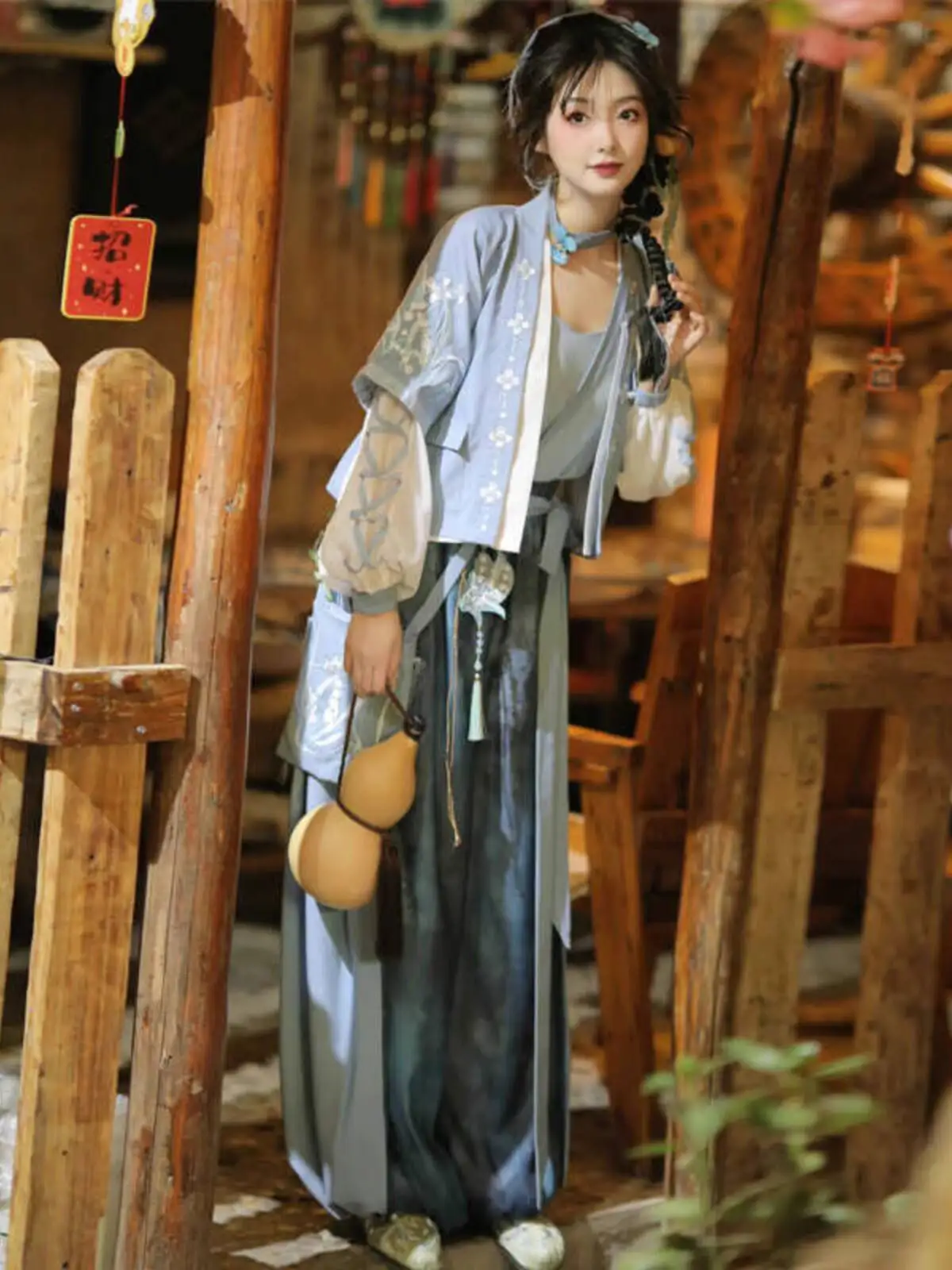 

New Chinese Style National Style Han Elements Hanfu Women Improve Sleeved Over-dress Lantern Pants Daily Style Coat Suspenders