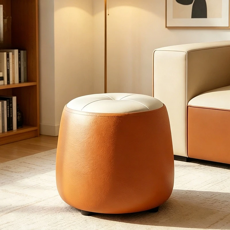 Round Low Stool, Household Pumpkin Skin Cushion Bedroom Living Room Leather Small Stool Doorstep Shoe Changing Stool Ottomans