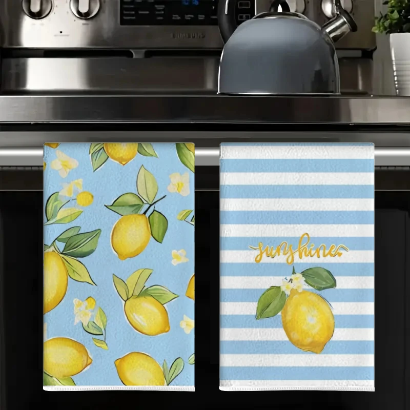 2Pcs, Blue Striped Lemon Kitchen Towels, 40Cm*60Cm Towel Set, Best Kitchen Towels, Super Absorbent Soft Cleaning Cloth, Cooking and Baking Tea Towels, Hand Towels, Cleaning Cloths, Dishcloths, Kitchen Decor, Living Room Decorations, Kitchen Essentials, Home Essentials