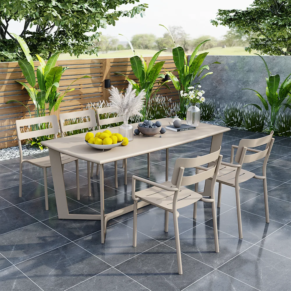 

Customize Multi-Color Patio Villa Garden Hotel Furniture Project Metal Dining Table And Chairs Bench Aluminum Outdoor Tables Set