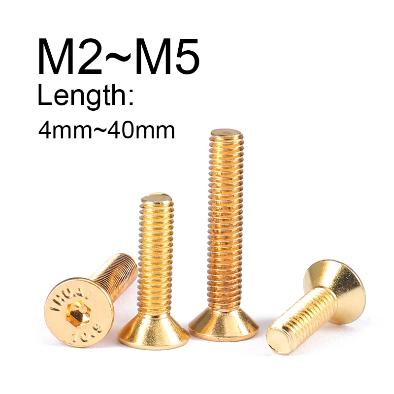 10Pcs Plated Titanium Gold Countersunk Hex Socket Head Screw M2 M2.5 M3 M4 M5 Flat Head Hexagon Socket Bolt Length 4mm~40mm