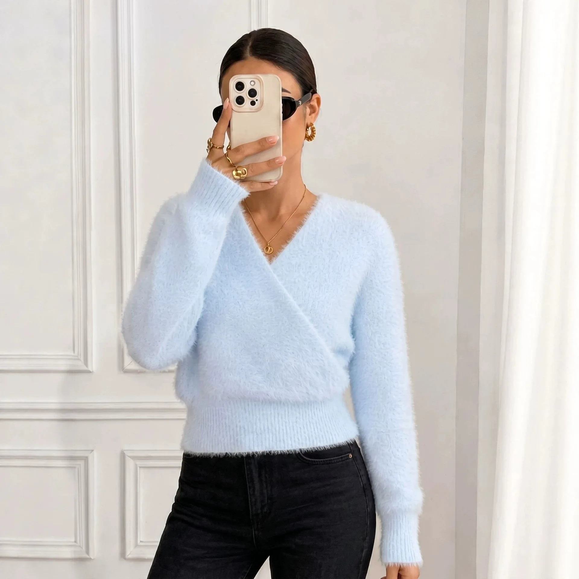 Women's Light Blue Fluffy Wrap V-Neck Sweater Soft Fuzzy Knit Long Sleeve Cropped Pullover Cozy Jumper