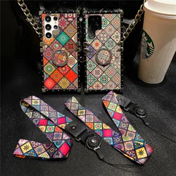 Fashion Retro Flower Pattern Plaid Cover For Samsung Galaxy 22 Plus Geometric Phone Case For Samsung Galaxy S22 Ultra