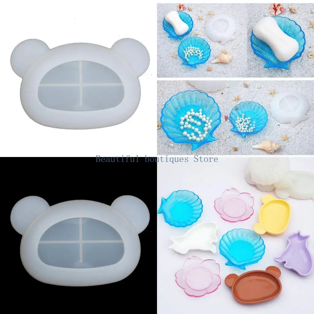 U4LF Tray Mold Flower Bear for Shell Dish Silicone Mold Epoxy Resin Mold Suitable for Jewelry Storage Plate Home Deco