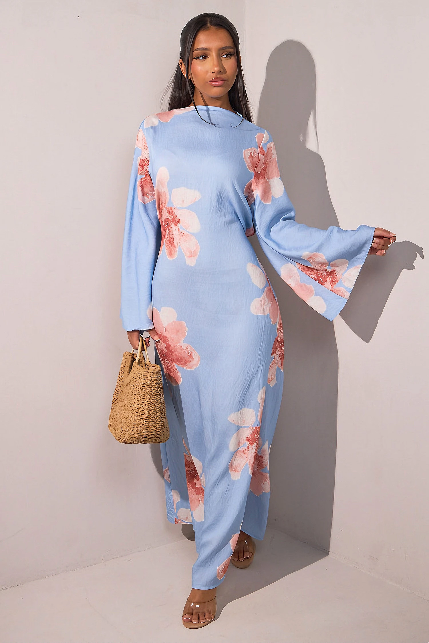

Floral Long Dress Abaya Islamic Clothing Printed Flare Sleeve Belted Party Dresses Dubai Turkey Muslim Women Modest Robe Summer