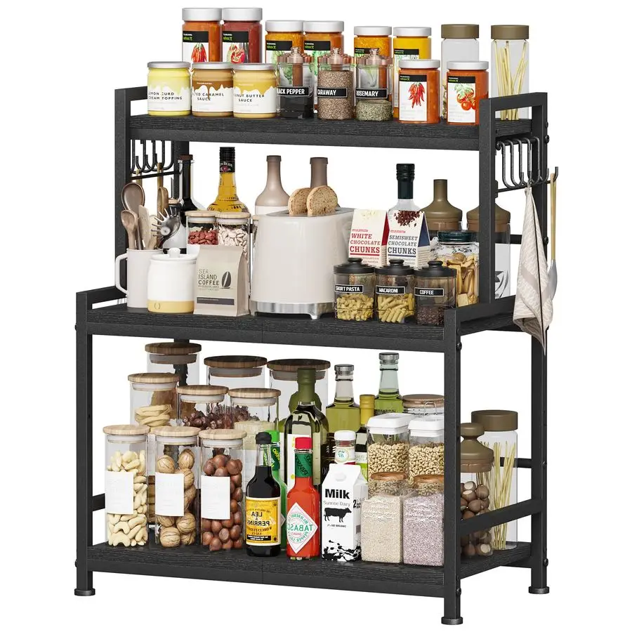 

Large Kitchen Countertop Organizer, 3 Tier Spice Rack Organizer with Adjustable Shelf and 10 Hooks, Wooden Counter Organizer, C