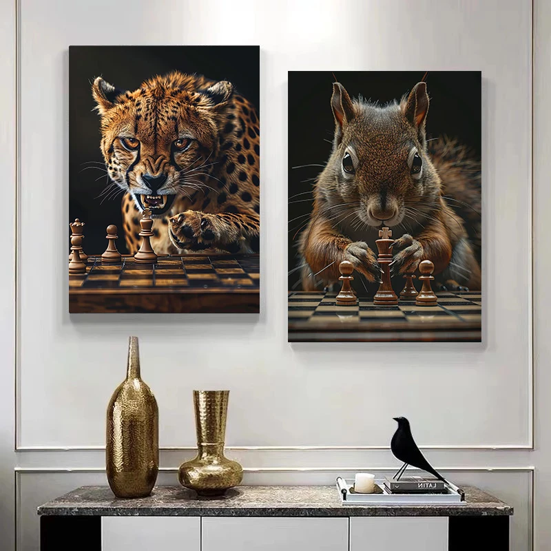 Tiger Vs Lion Chess Raccoon Chimpanzee Bear Leopard Canvas Painting Poster Print Motivational Wall Art Pictures Room Home Decor view 3