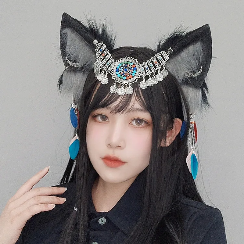 Boho Cat Ear Headband Ethnic Style Cosplay Plush Wolf Ears headgear Party Props Feather Metal Hair Accessories Animal Headwear