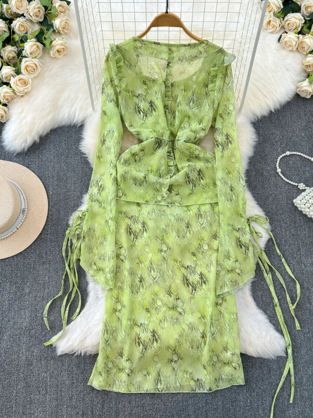 Ele Summer V-Ne Long Sve Wrap Dr Set Женский пляжный комплект из двух предметов с завязками на талии Юбка с подтягивающим кроем