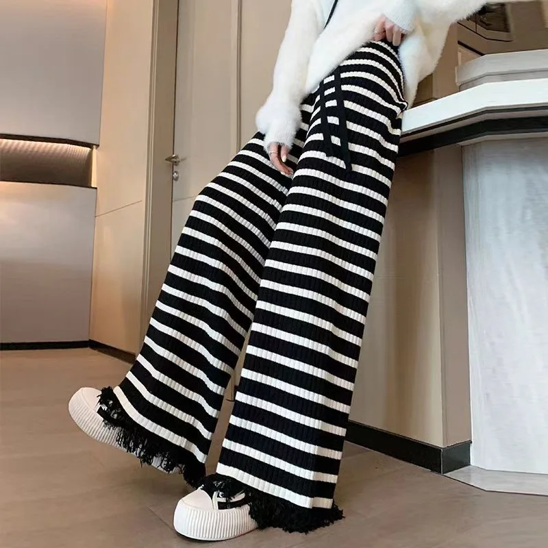 

2024 Women's Autumn and Winter Striped Knitted High Waisted Wide Leg Pants Straight Leg Casual Fringe Drop Loose Pants LJ819