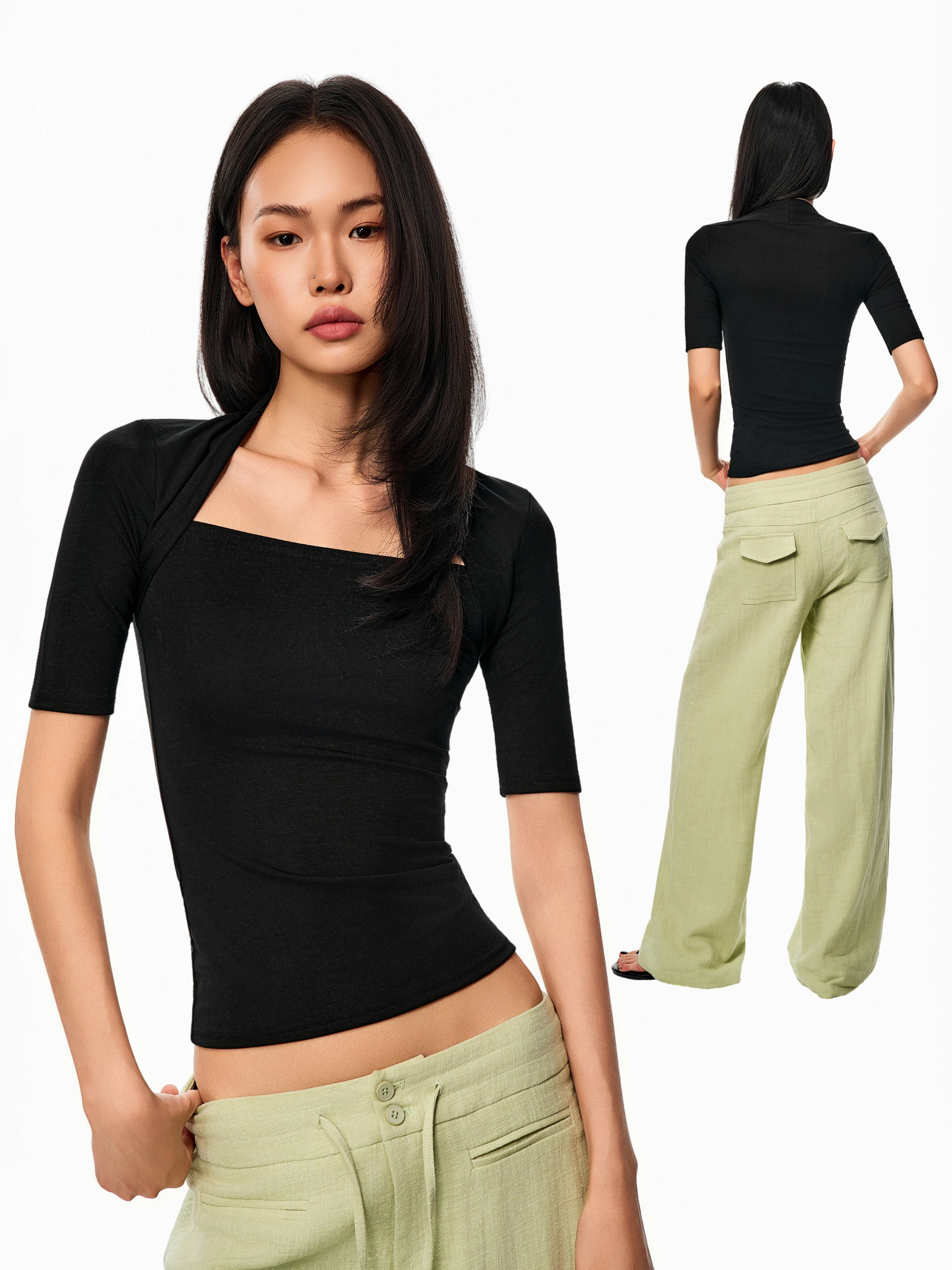 Slim Fit round Neck mid Sleeve T-Shirt Women's Summer New Waist Cinching Slimming Black Top GO GO BURN Casual Style Short Sleeve